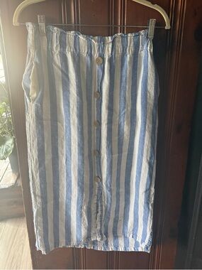 Love Tree Blue and White Striped Button-Front Midi Skirt